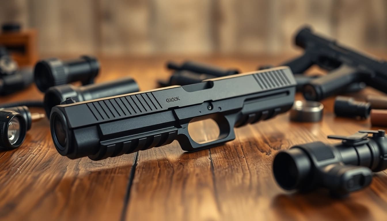 Examine the glock 48 mos slide complete with detailed components on a wooden table.