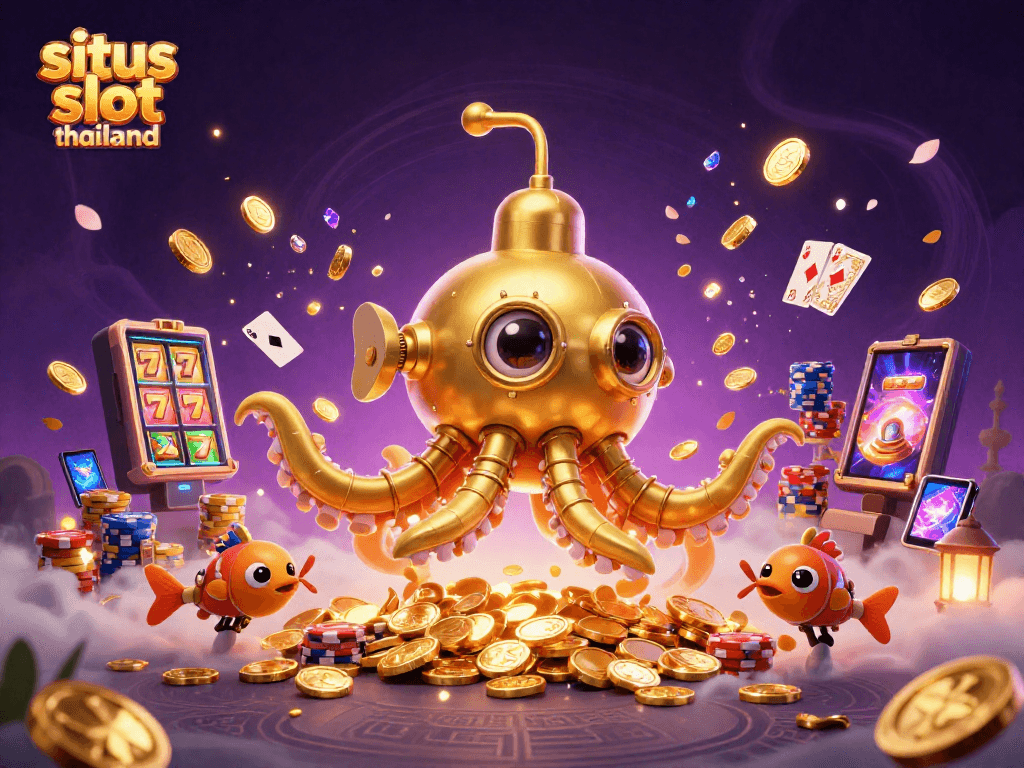 Spin and win at situs slot thailand with a vibrant scene of a golden kraken submarine and flying coins.