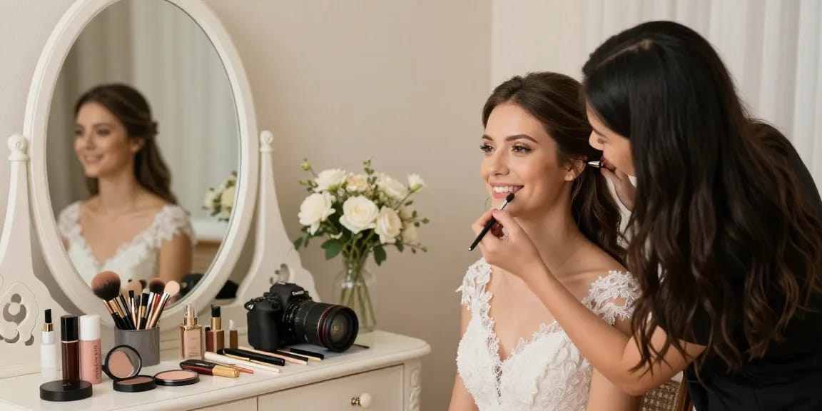 Trucco sposa professionale su una sposa felice con prodotti di bellezza.