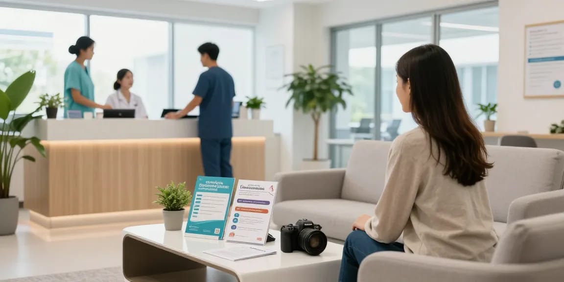 おすすめの安い包茎手術クリニックへの道案内をする明るいクリニックの受付風景