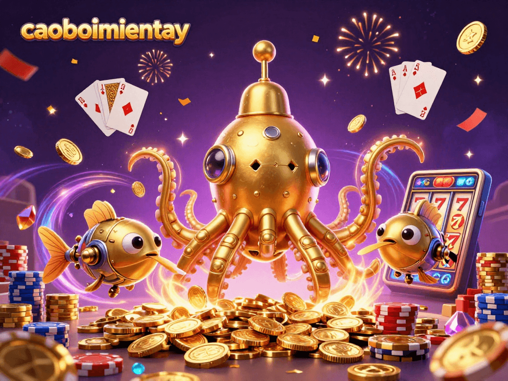Experience caoboimientay excitement with a golden kraken submarine amidst a treasure of coins and cards.