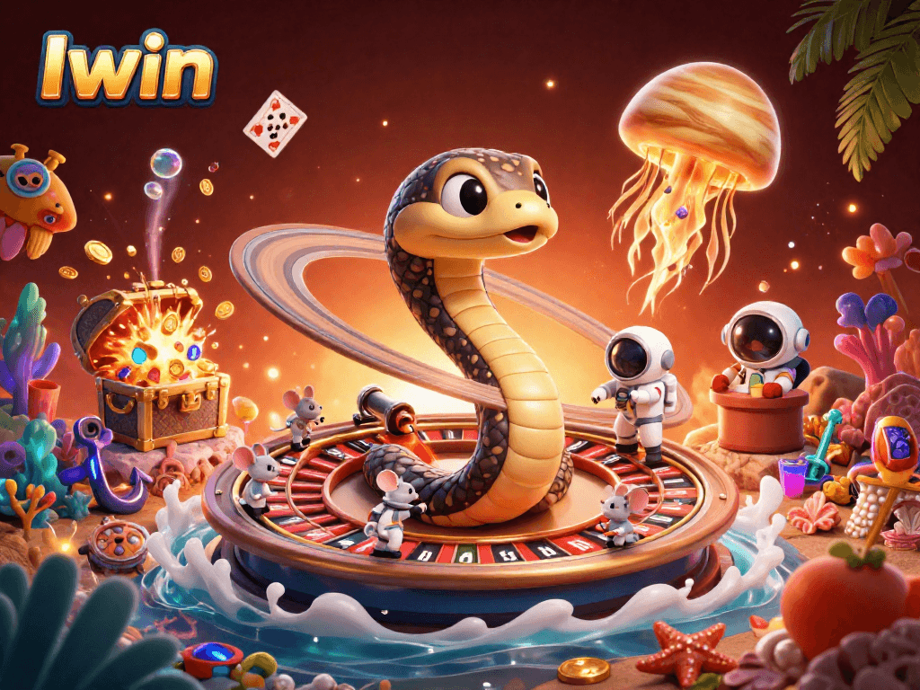 Iwin casino scene with a Saturn ring snake, astronaut mice betting, and golden jellyfish dealer