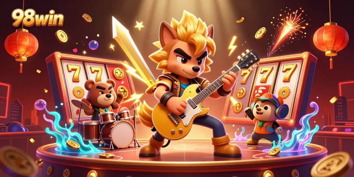 Experience the thrill of 98win as a rock star wolf and bear jam on a casino stage with exciting slot reels.