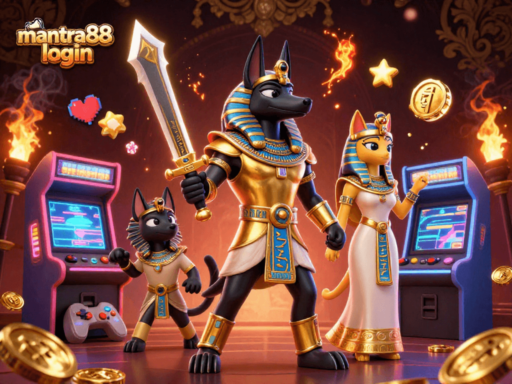 Engage in gaming excitement with the mantra88 login alongside Anubis and Bastet in a vibrant casino-themed illustration.