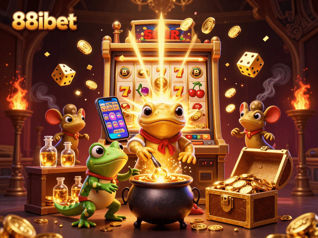88ibet players winning big at a lavish casino with vibrant characters and golden treasures