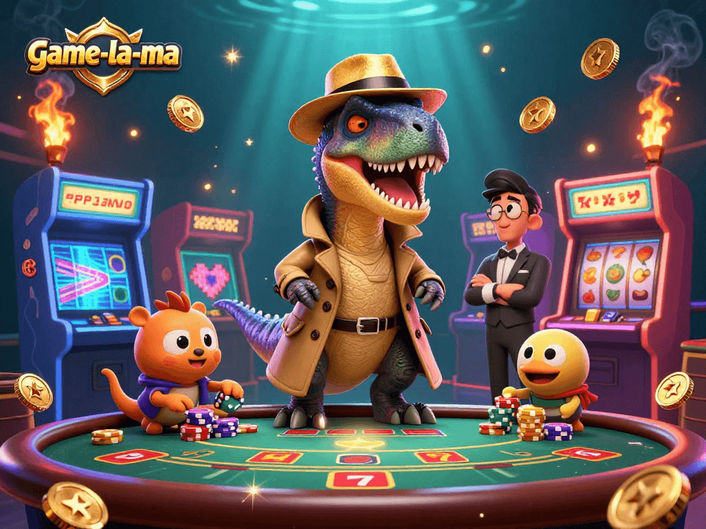 Engage with excitement at game-la-ma, featuring cartoon velociraptor card counters amidst vibrant casino elements.