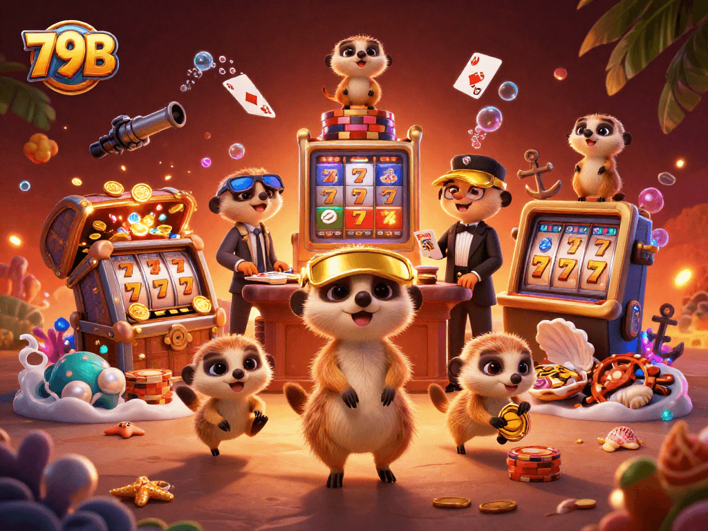 Os meerkats em ação no cassino 79B, com jogos de slots e tesouros subaquáticos.