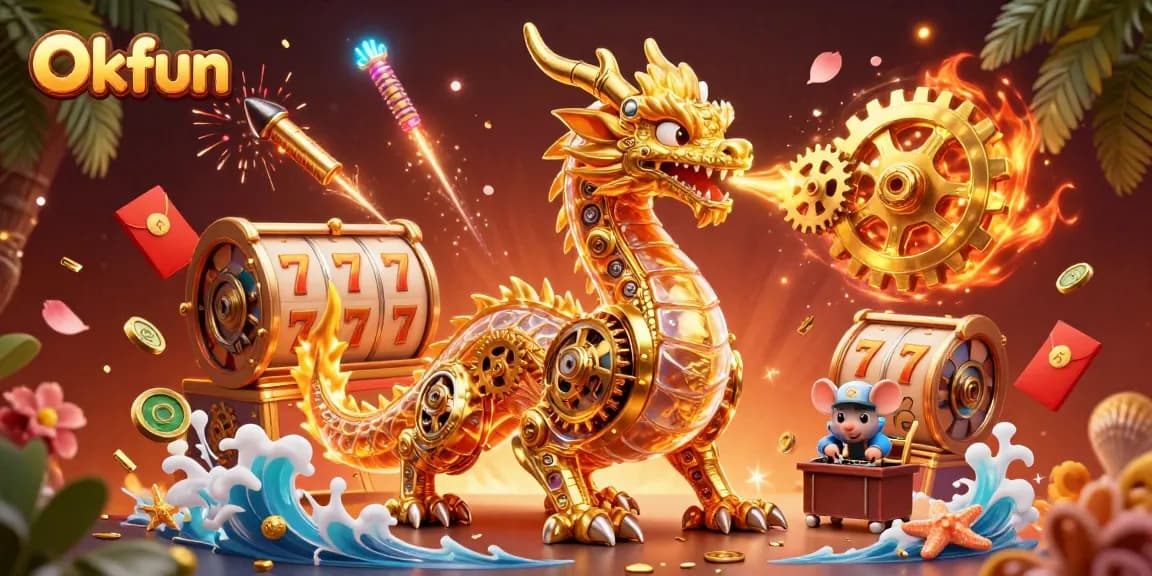 Engage with Okfun's vibrant casino scene featuring a golden dragon amidst dynamic slot elements.