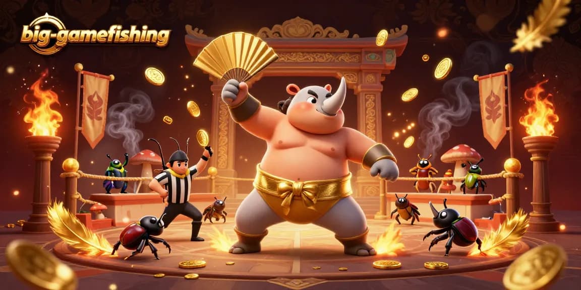 Big-gamefishing celebrating wins with a dynamic scene of cartoon beetles and casino elements