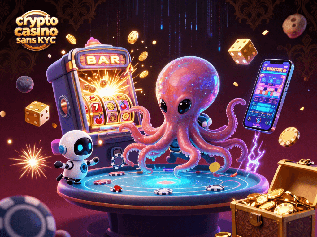 Venez découvrir notre illustration captivante d'un crypto casino sans KYC où un octopus alien joue au poker dans l'espace.