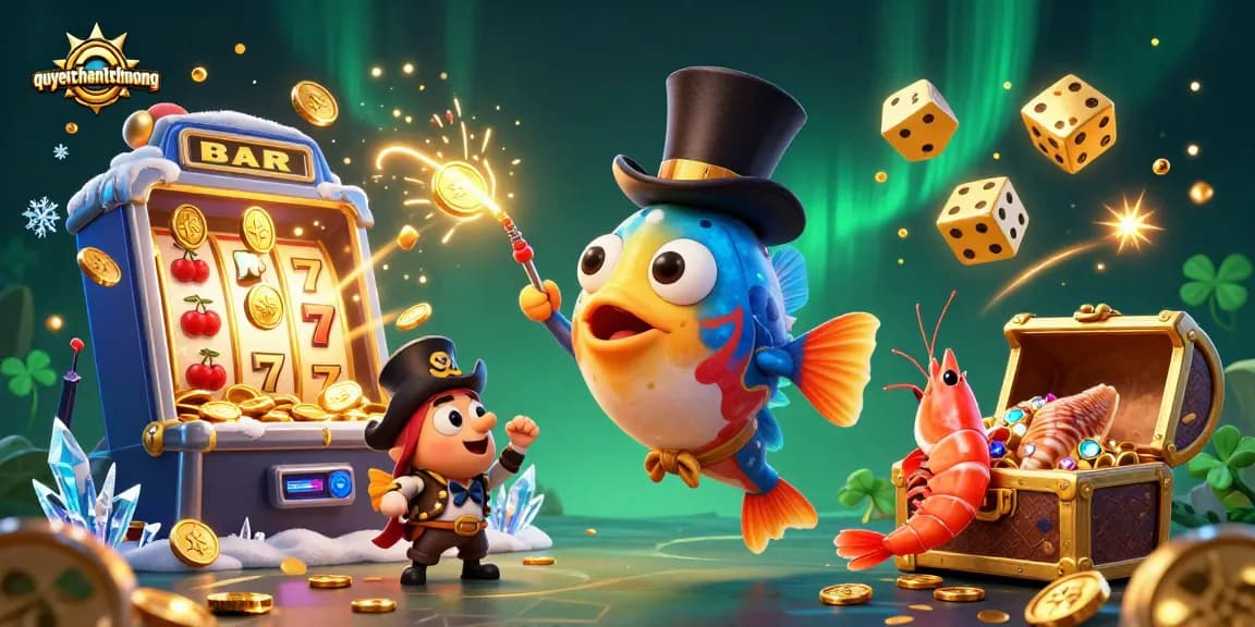 Experience thrilling gameplay with quyetchientienthuong as a glowing anglerfish and pirate shrimp attract treasure in a casino underwater scene.