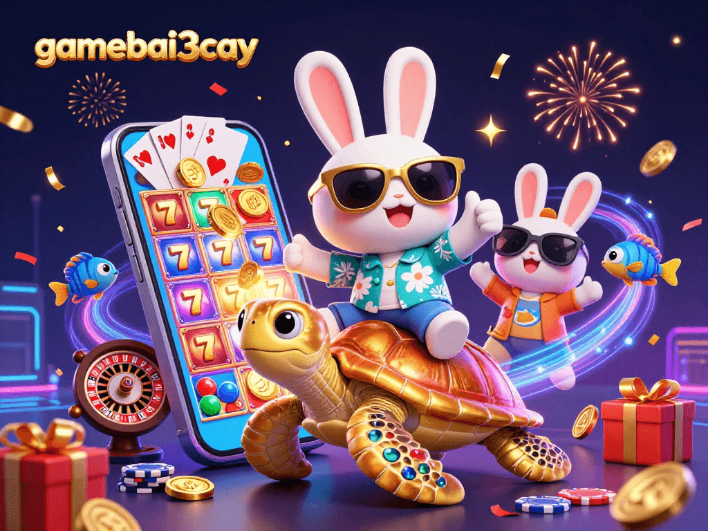 Experience the excitement at gamebai3cay with our lucky rabbit, golden turtle, and vibrant casino elements.