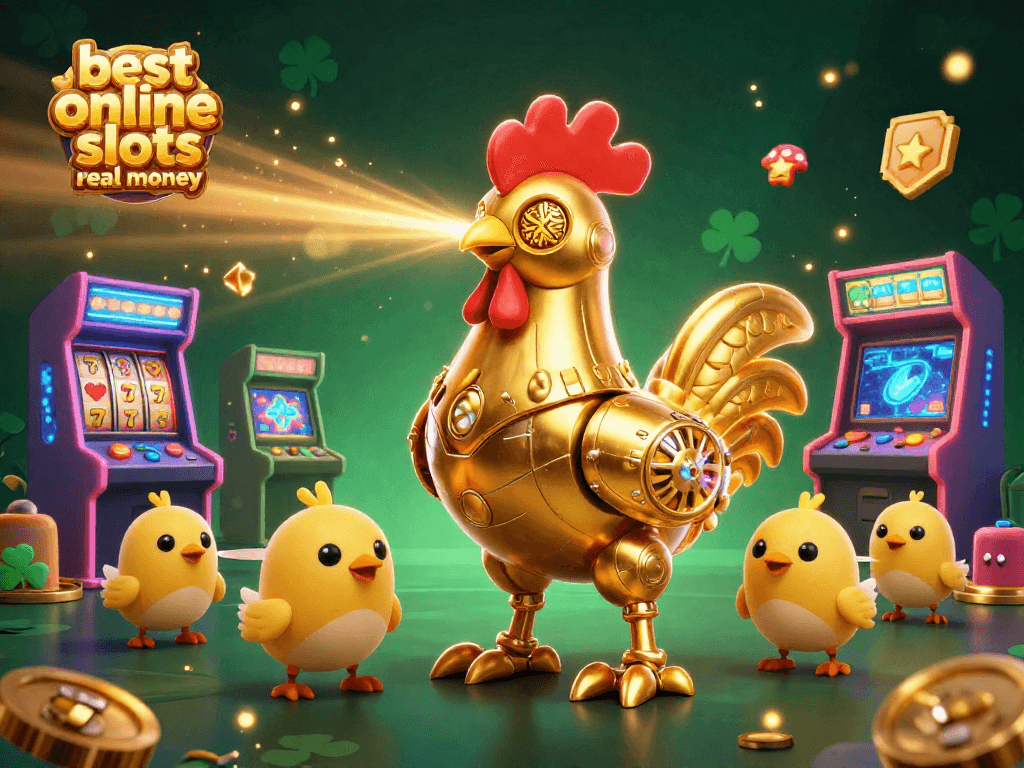 Engage with the best online slots real money featuring a golden rooster robot surrounded by vibrant arcade game elements.