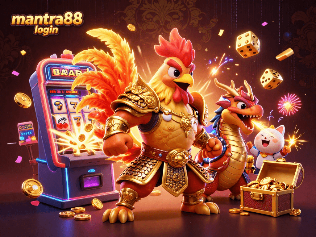 Experience thrilling wins with mantra88 login, featuring dynamic 3D characters and casino elements in action.