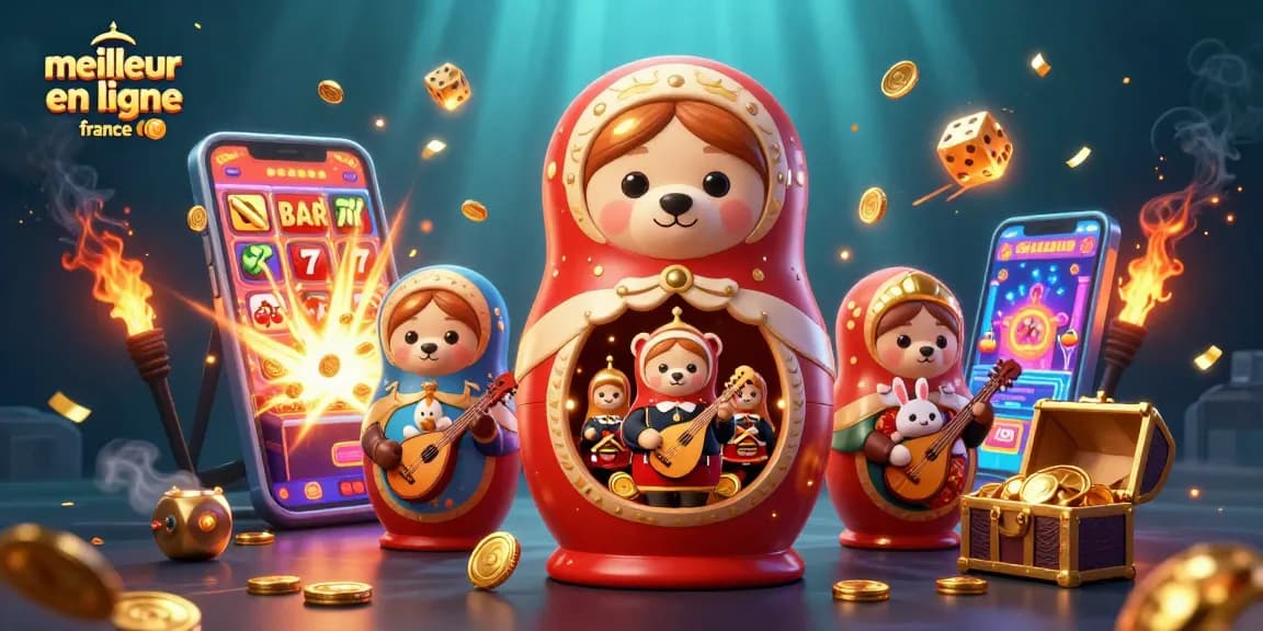Jouer au meilleur casino en ligne France avec des ours Matryoshka et des éléments de casino colorés.