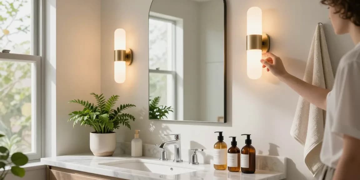 Iluminare modernă cu aplica baie LED în baie elegantă, iluminare caldă și design minimalist.