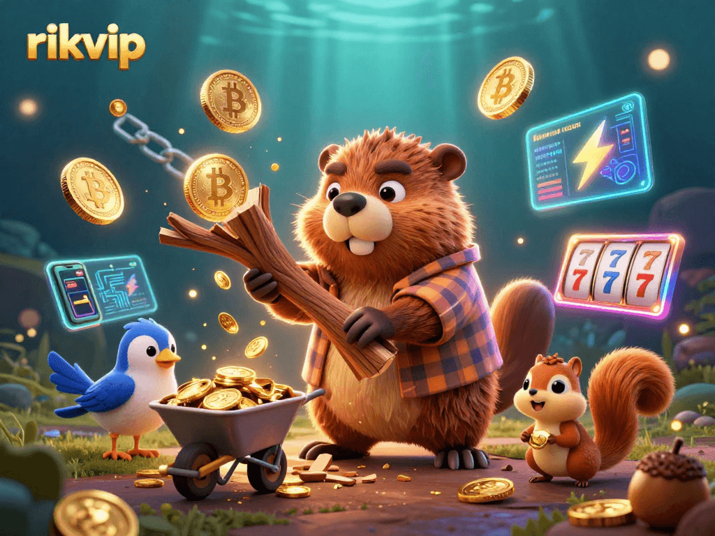 Join the fun at rikvip with a vibrant casino scene featuring coin rain and crypto elements