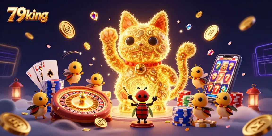 Experience the excitement of 79king with a vibrant 3D illustration of a lucky cat surrounded by casino symbols.