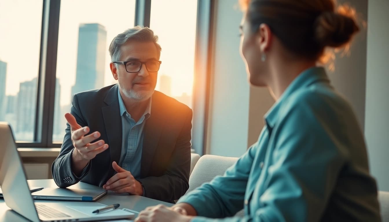 Career coaching session between a professional coach and client in a bright office.