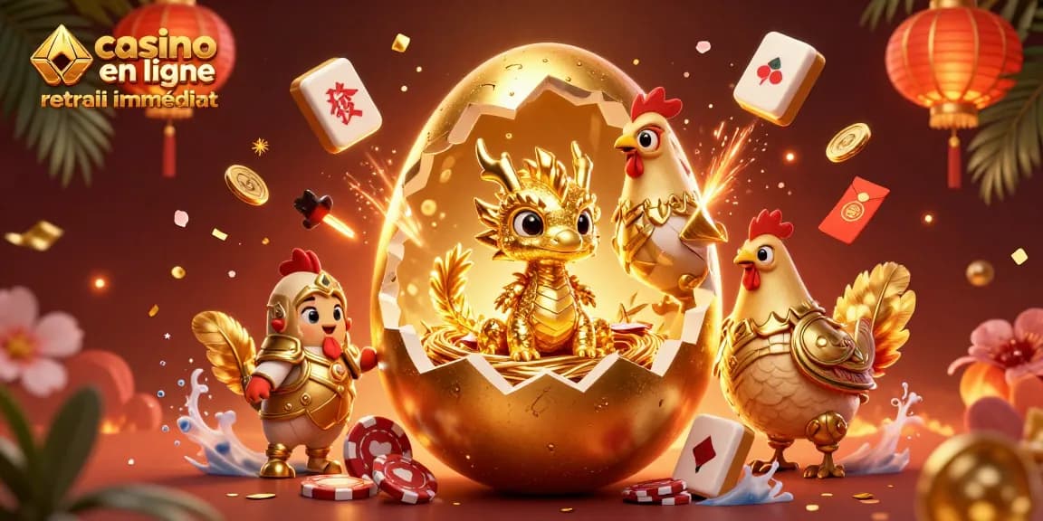 Profitez de l’expérience du casino en ligne retrait immédiat avec un dragon doré et des jetons scintillants.
