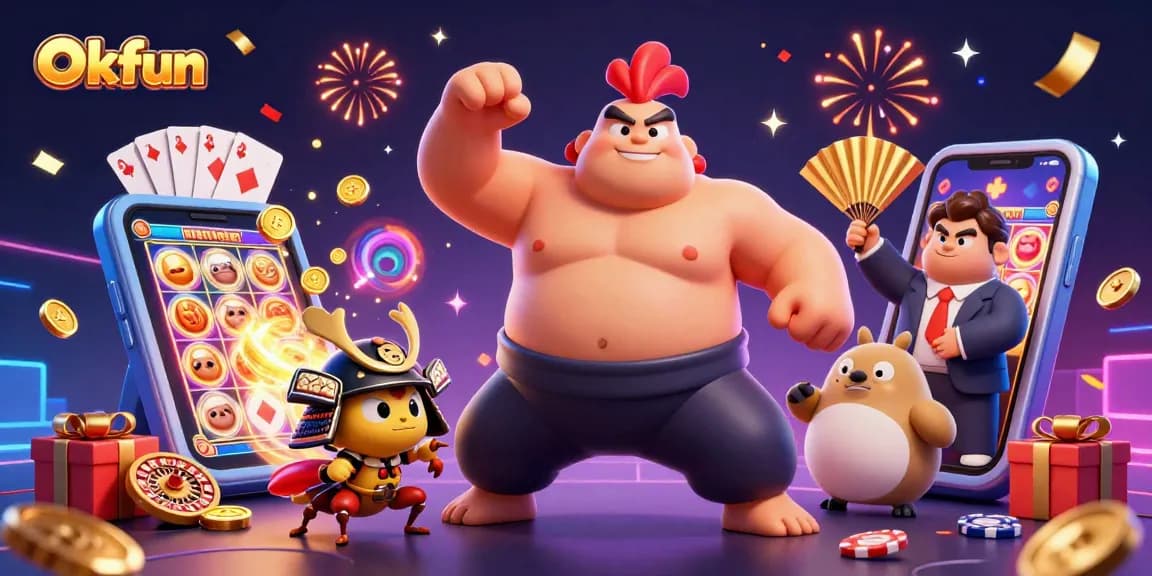 Experience the thrill of Okfun with dynamic characters and vibrant casino elements.