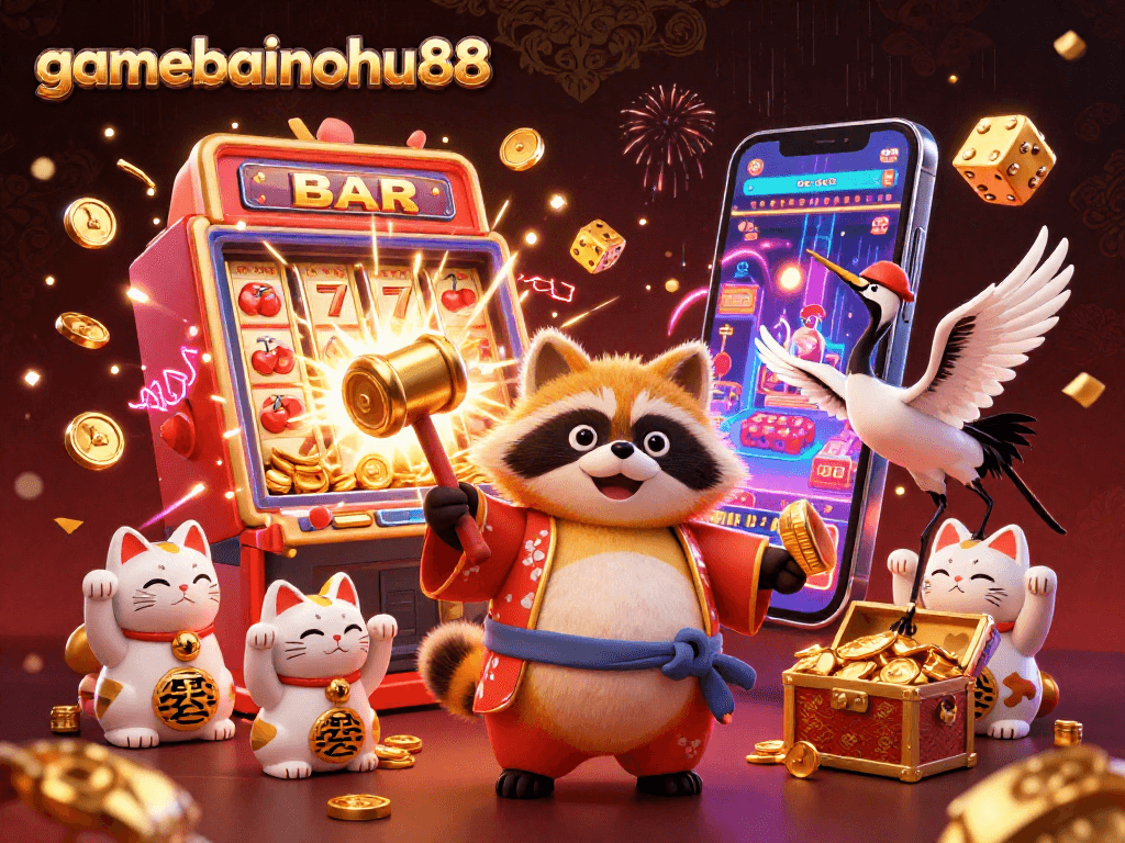 Win big with gamebainohu88 in this vibrant casino scene featuring a joyful tanuki and colorful symbols!
