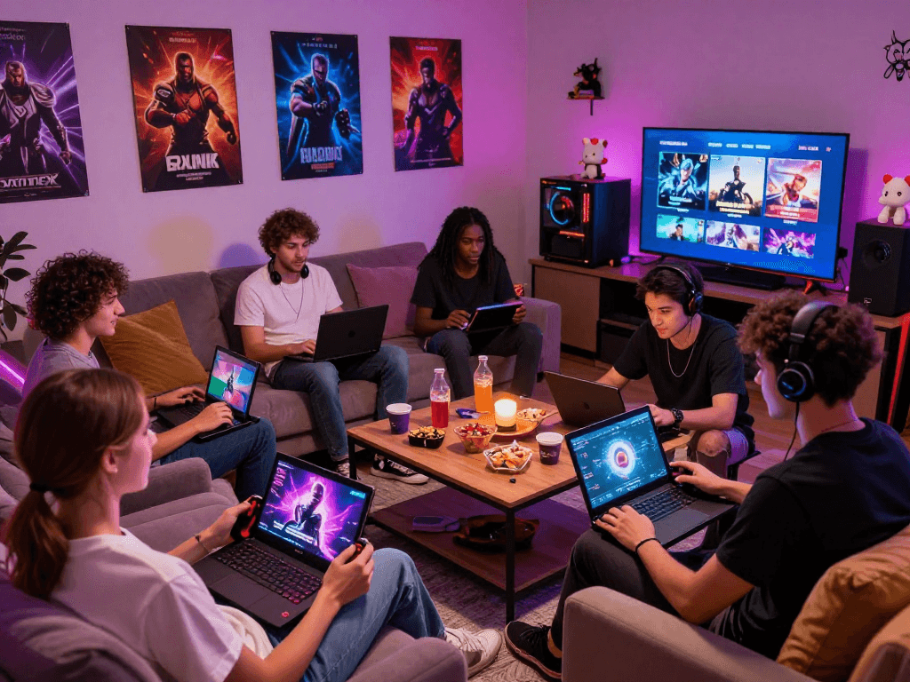 Excited gamers playing sex games in a vibrant gaming lounge.