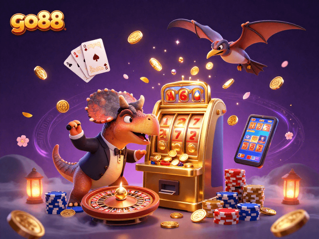 go88 captivates players as a pachycephalosaurus triggers a slot machine jackpot amidst swirling coins.