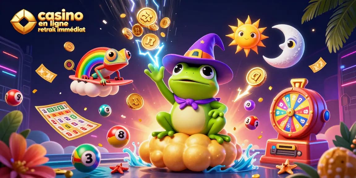 Jouez au casino en ligne retrait immédiat avec des personnages de jeu vibrants parmi des pièces d'or et des éléments de loterie.