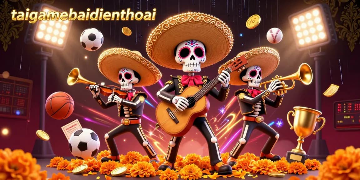 Experience the taigamebaidienthoai mariachi band in an engaging 3D casino illustration filled with dynamic sports elements.