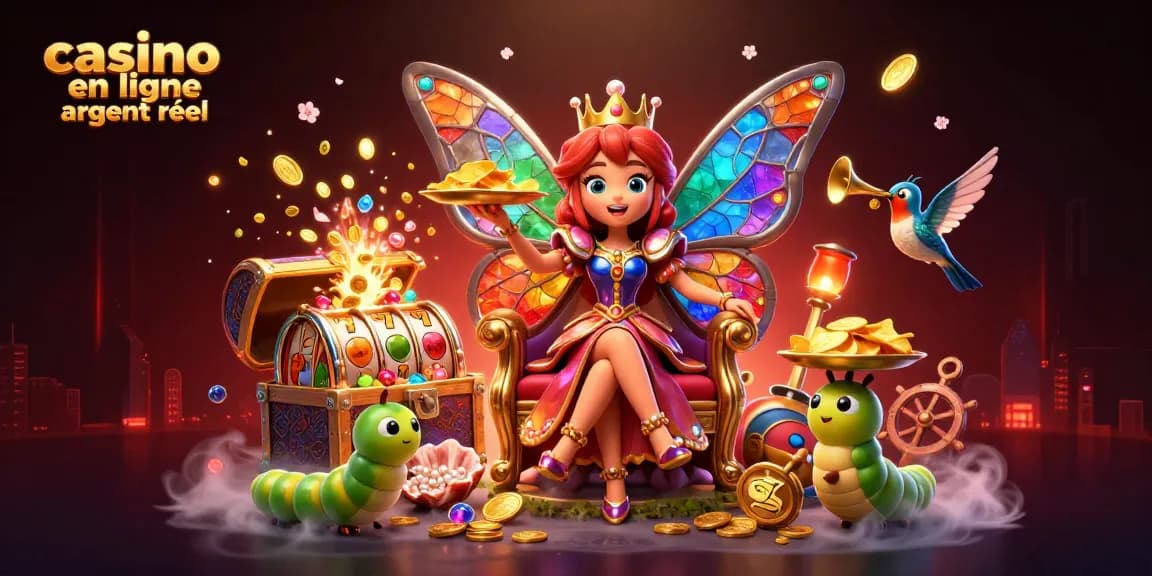Jouez sur un casino en ligne argent réel avec ambiance festive illustrée par des personnages colorés et des éléments de jeu.