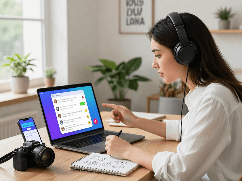 Engaging with spicy chat AI in a vibrant home office, showcasing innovative digital communication.