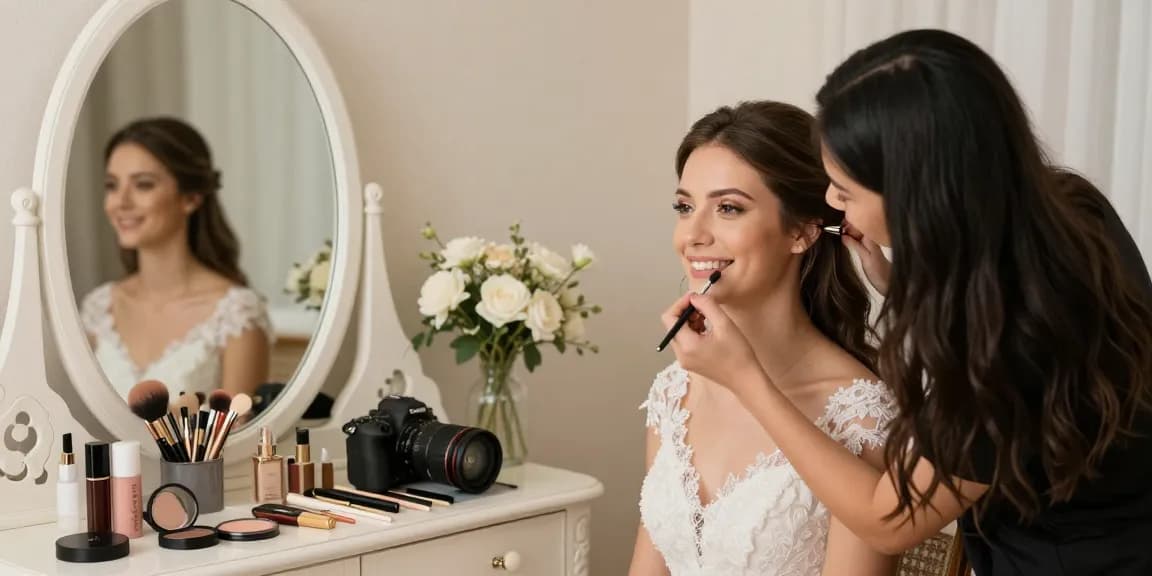 Trucco sposa professionale su una sposa felice con prodotti di bellezza.