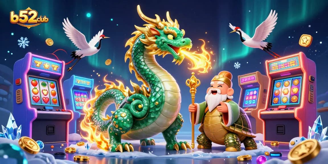 Engage with b52club's vibrant casino adventure featuring a mythical dragon and joyful gaming icons.