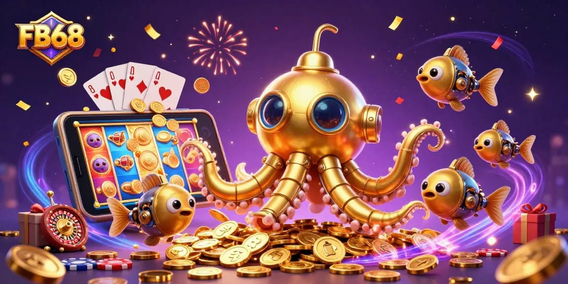 Experience action-packed slots with FB68's golden kraken submarine and exciting casino elements.
