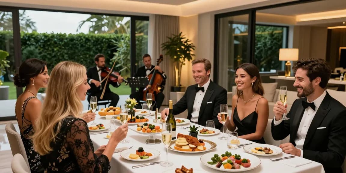 Suasana pesta mewah dengan tema luxury111, tamu berpakaian elegan menikmati champagne di mansion yang megah.