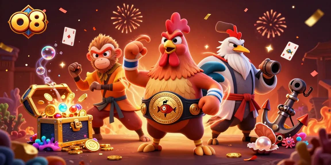 Bet on exciting games at o8 with a Muay Thai rooster and martial artists in a festive scene.