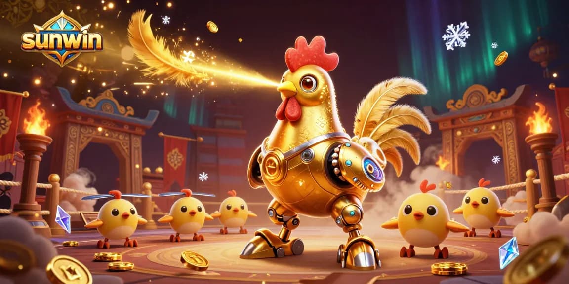Experience thrilling gameplay at sunwin with our futuristic golden rooster robot amidst dynamic gambling elements.