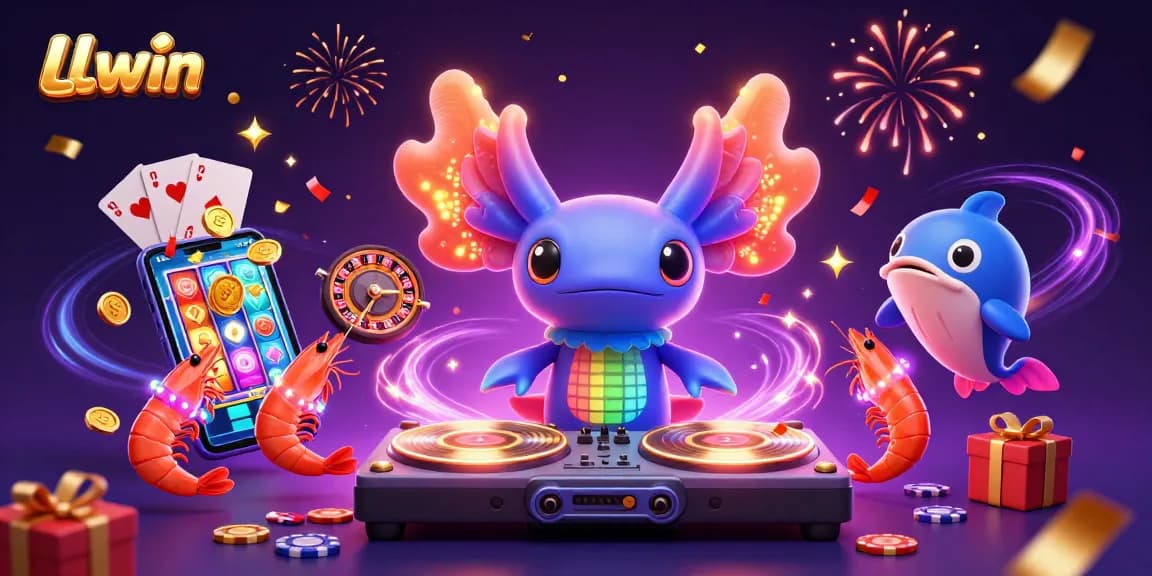 LLwin players spin vibrant slot reels while dancing in an energetic underwater casino scene.