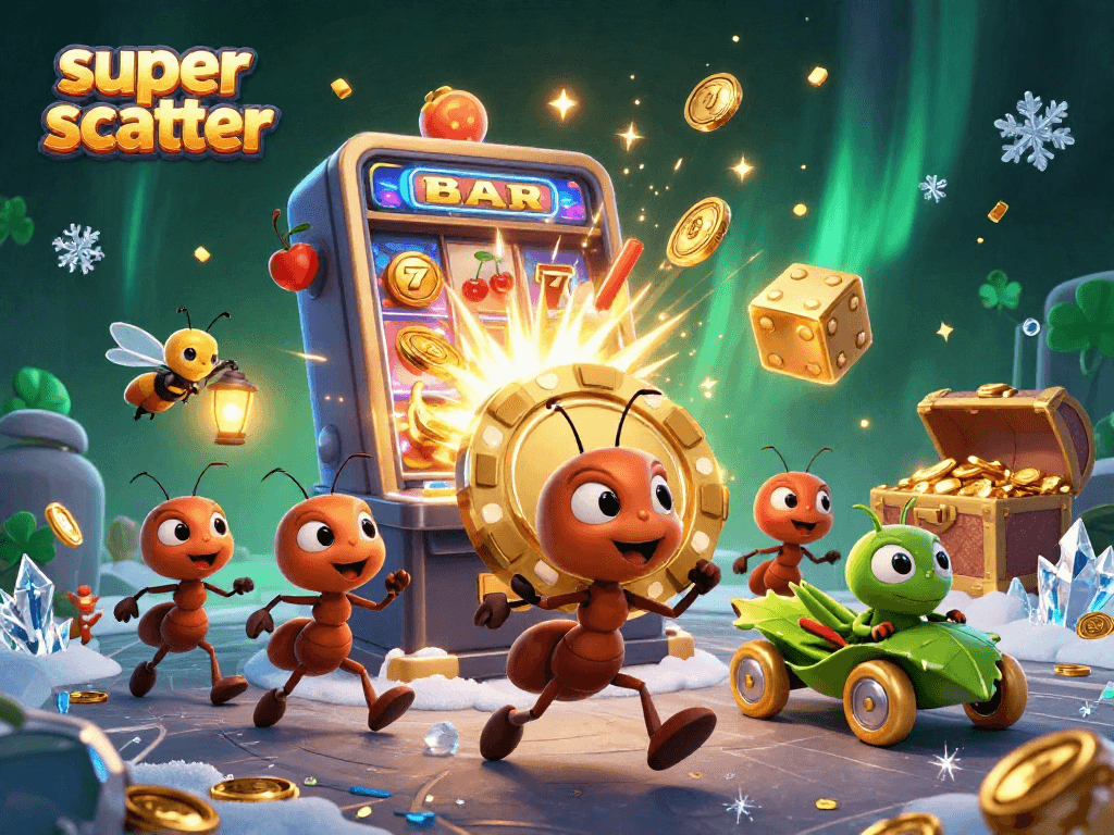 Experience the excitement of super scatter with a heist scene featuring ants and casino symbols.