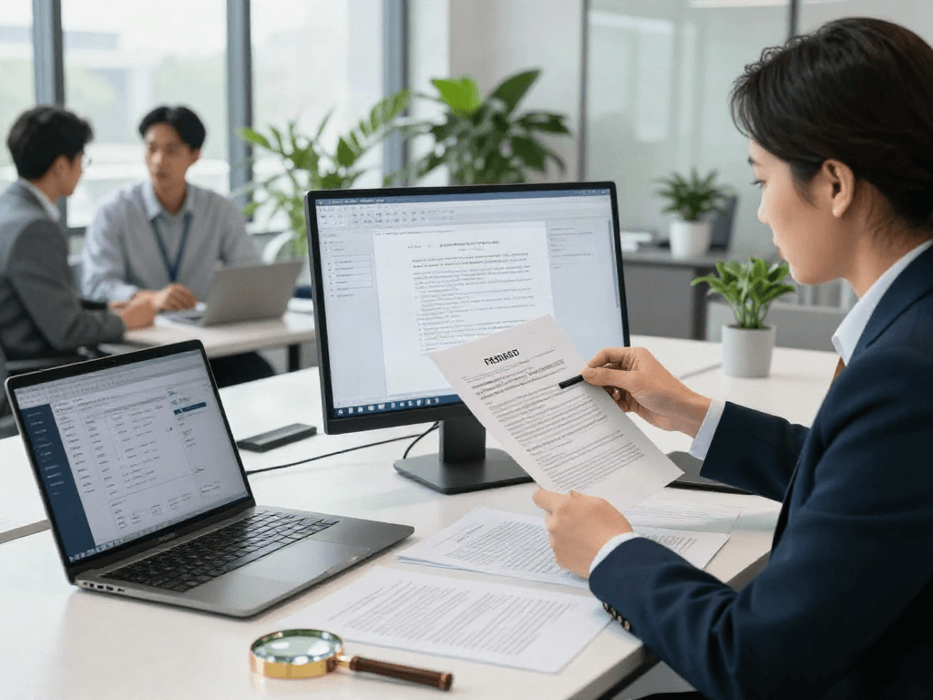 Document fraud detection analysis with compliance officer in corporate setting, showcasing real-time data analytics.