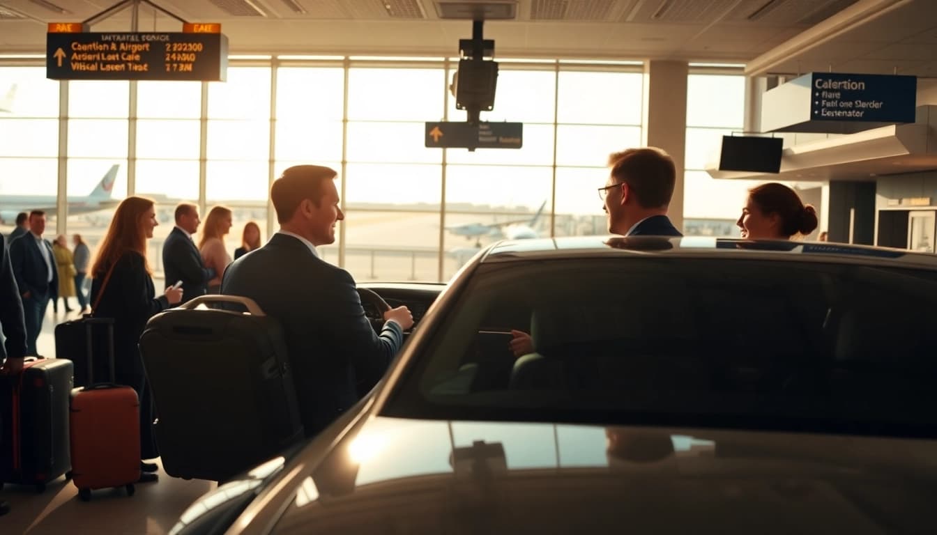 Experience reliable Boston Logan airport car service with a chauffeur greeting passengers at the airport.