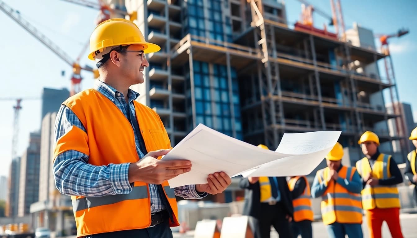 Manhattan Construction Manager coordinating a construction project with workers in New York City.