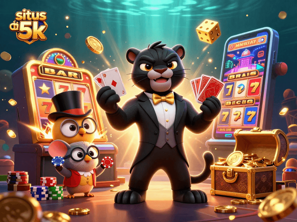 Win big with situs depo 5k as a stylish cartoon panther deals cards amidst vibrant casino elements.