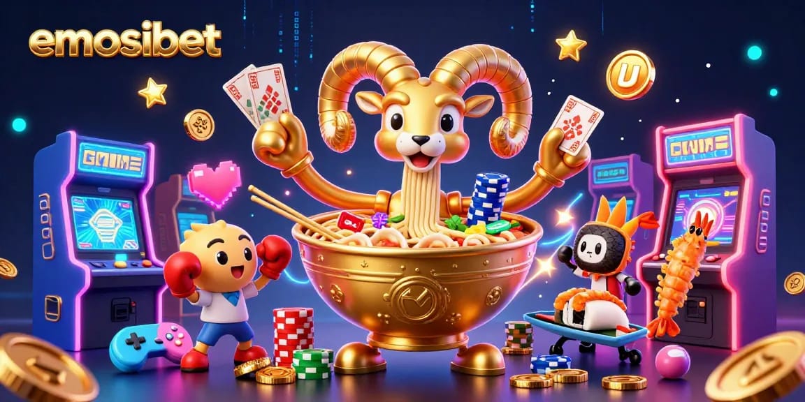 Experience the excitement at EMOSIBET with creative gaming characters in a vibrant 3D scene.