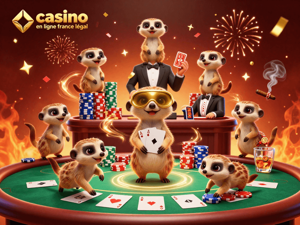 Jouez à casino en ligne France légal avec une illustration animée de suricates en action autour d'une table de poker.
