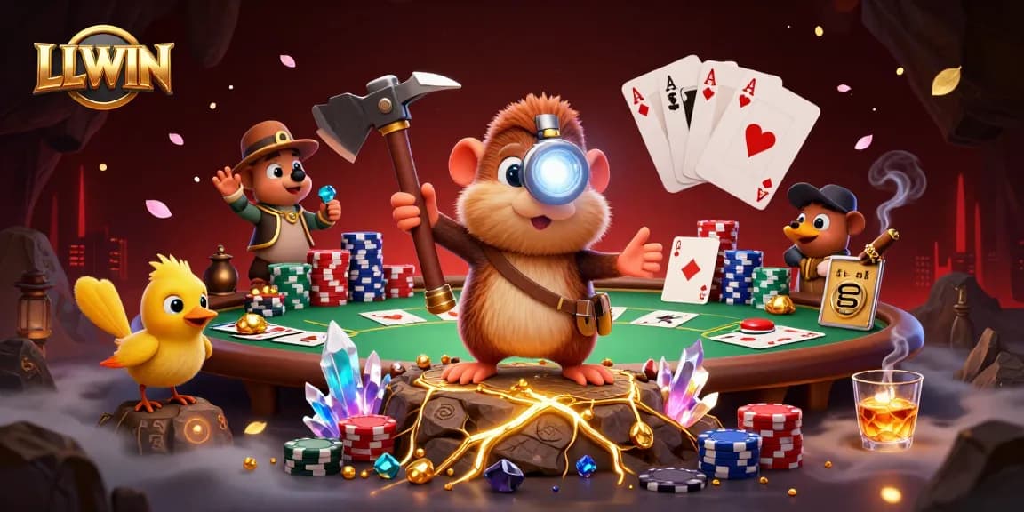 LLWIN brings excitement as a treasure hunter mole discovers gems at a vibrant poker table.