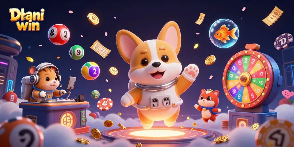 Dhani win showcases an astronaut corgi in a vibrant casino setting, floating lottery balls and a spinning prize wheel creating an exciting atmosphere.