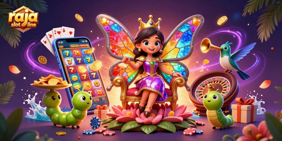 Engage with raja slot online's vibrant 3D illustration of the butterfly queen and casino elements in a magical setting.