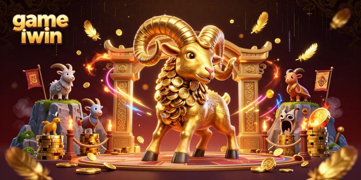Engage with game iwin in this dynamic 3D illustration featuring a golden ram and immersive casino elements.
